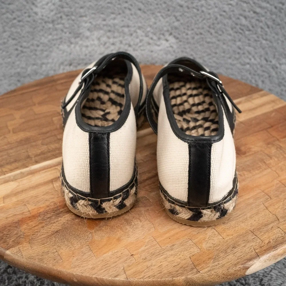 Madewell Remy Canvas Mary Jane Jute Espadrille Flats Cream Black Size 9.5